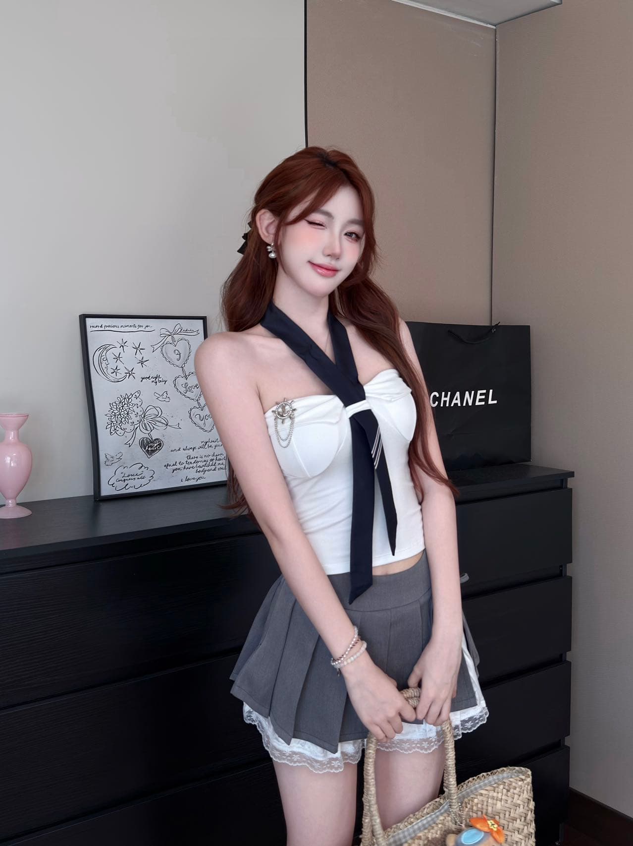작은 샤넬 스타일 달콤한 핫걸 오프숄더 슬림해 보이는 배색 넥타이 조끼 여성 넥타이 아름다움 뒤로 상세 이미지 23