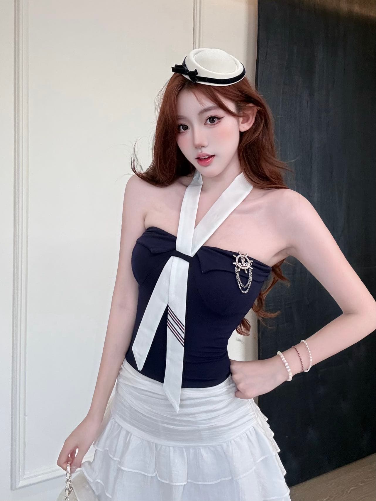 작은 샤넬 스타일 달콤한 핫걸 오프숄더 슬림해 보이는 배색 넥타이 조끼 여성 넥타이 아름다움 뒤로 상세 이미지 28