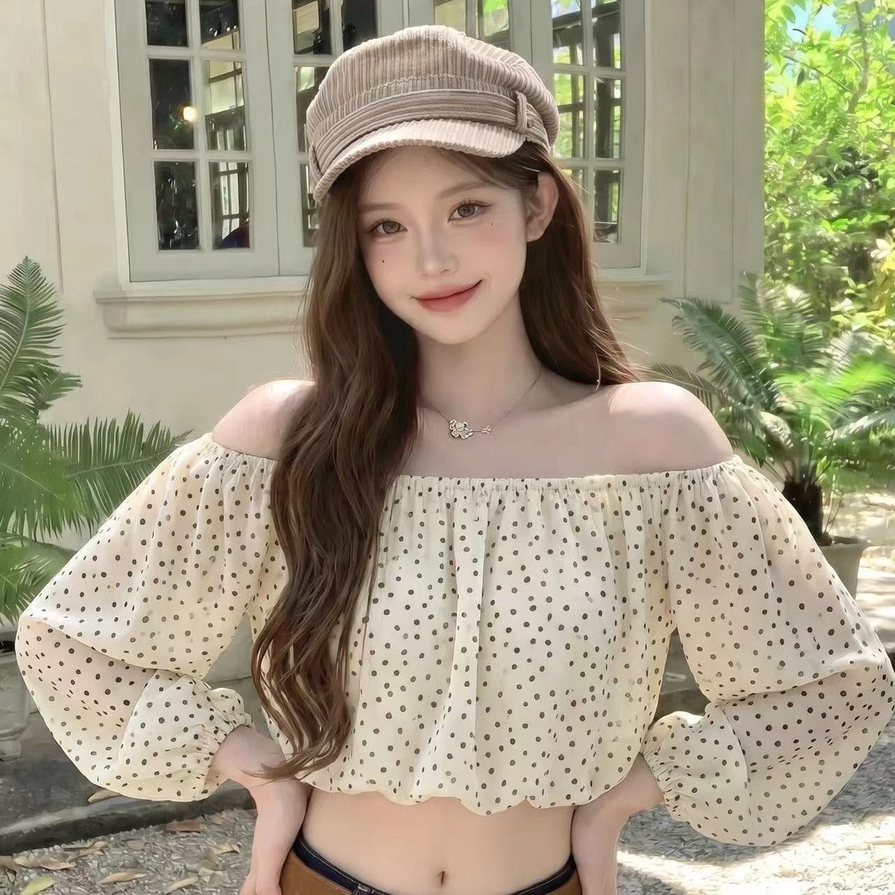 프랑스식 부드러운 바람 오프숄더 도트 무늬 쇼트 스타일 버블 긴팔 허리 수축 슬림해 보이는 작은 키 달콤한 매운맛 소녀 다용도