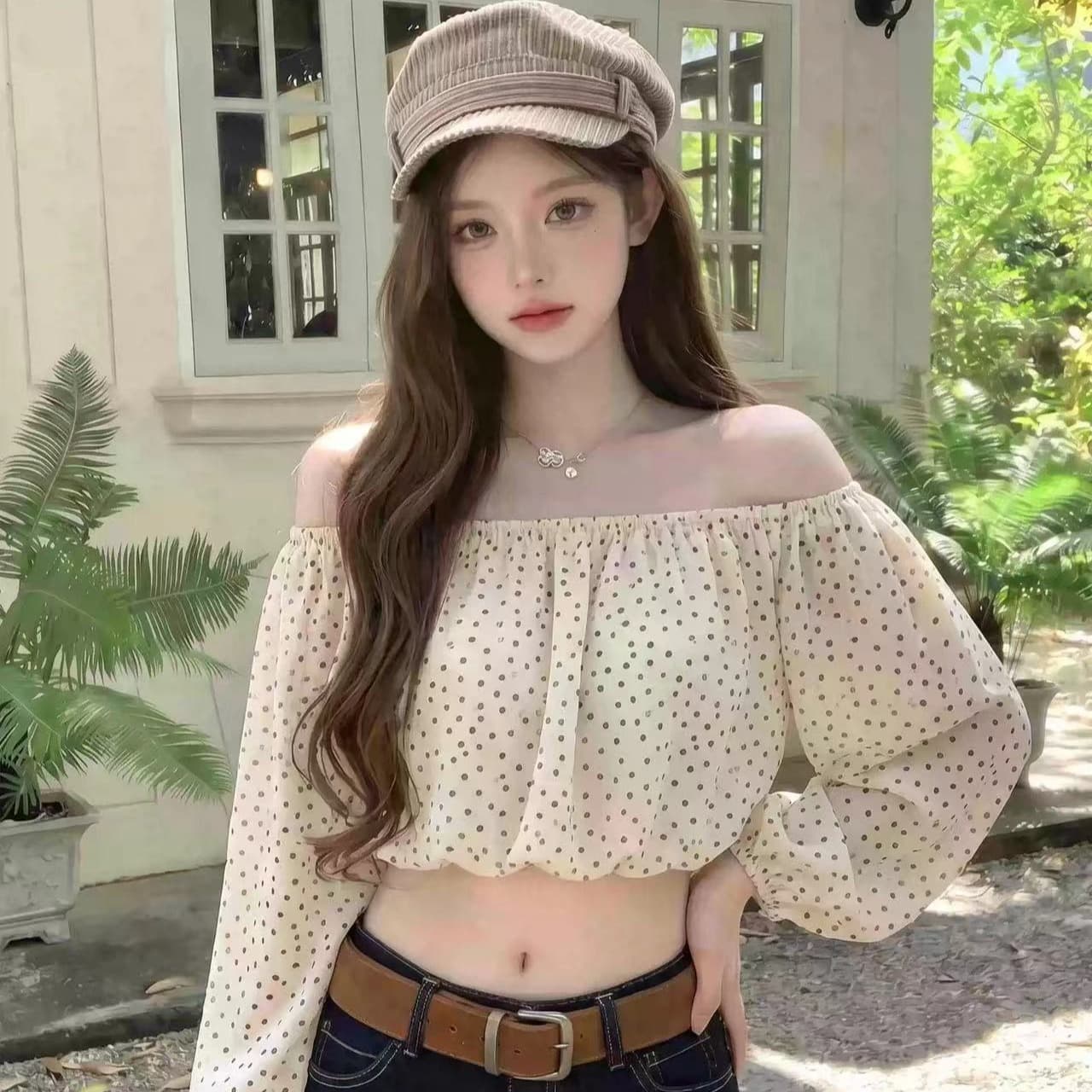 프랑스식 부드러운 바람 오프숄더 도트 무늬 쇼트 스타일 버블 긴팔 허리 수축 슬림해 보이는 작은 키 달콤한 매운맛 소녀 다용도 이미지 5