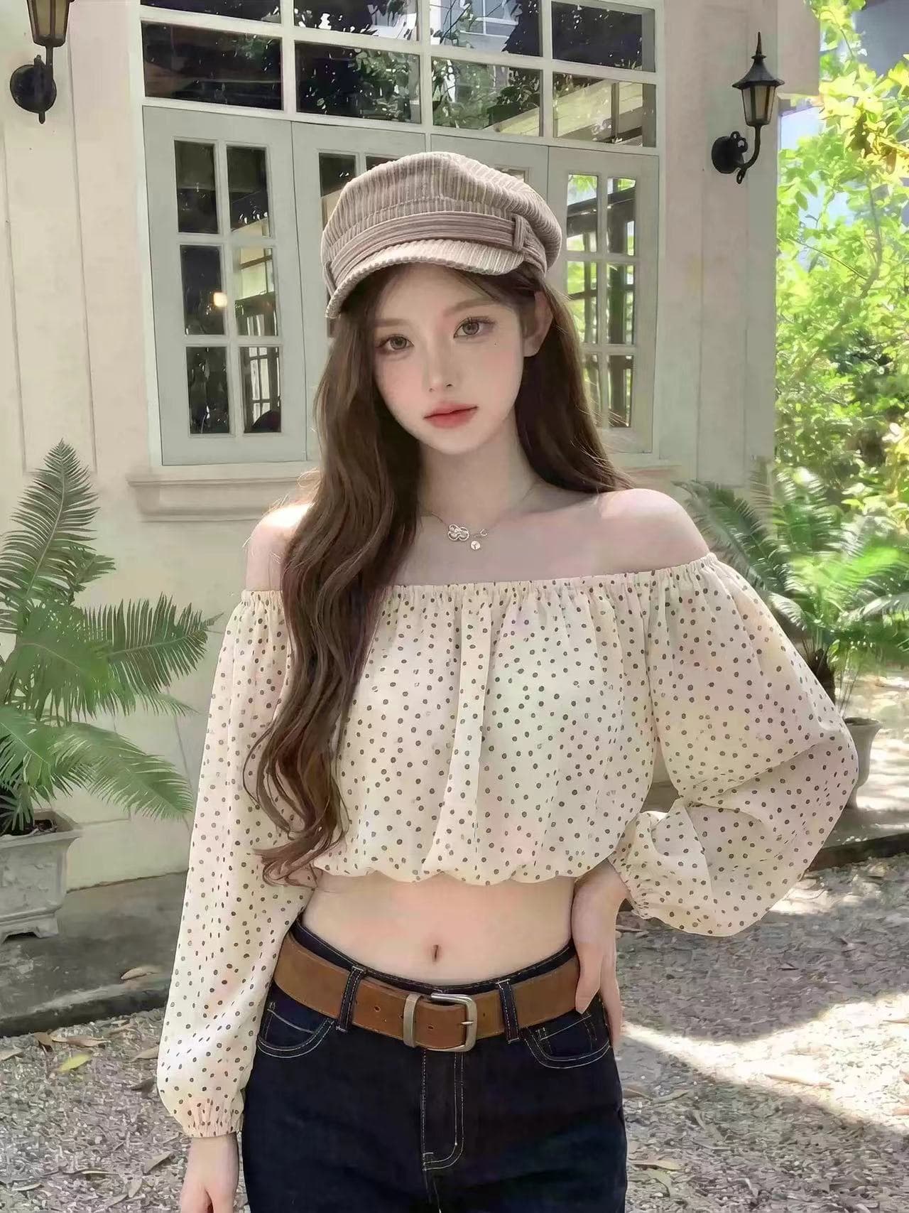 프랑스식 부드러운 바람 오프숄더 도트 무늬 쇼트 스타일 버블 긴팔 허리 수축 슬림해 보이는 작은 키 달콤한 매운맛 소녀 다용도 상세 이미지 10