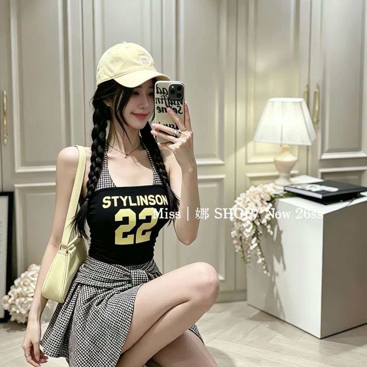 순수한 욕망 달콤한 핫걸 알파벳 숫자 프린트 페이크 레이어드 스트랩 아름다움 멜빵 가슴 패드 이미지 5