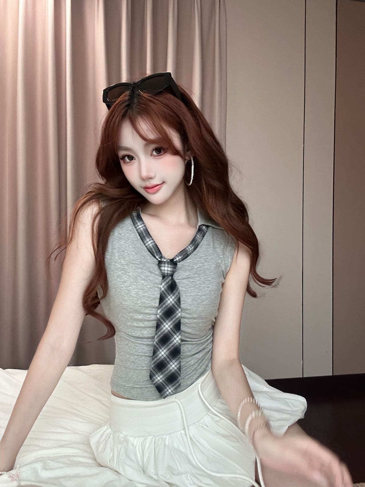 체크무늬 패치워크 넥타이 V넥 민소매 티셔츠 조끼 여성 몸매 가꾸기 허리 수축 핫걸 바람 슬림해 보이는 다용도 맨위 출퇴근 상세 이미지 20