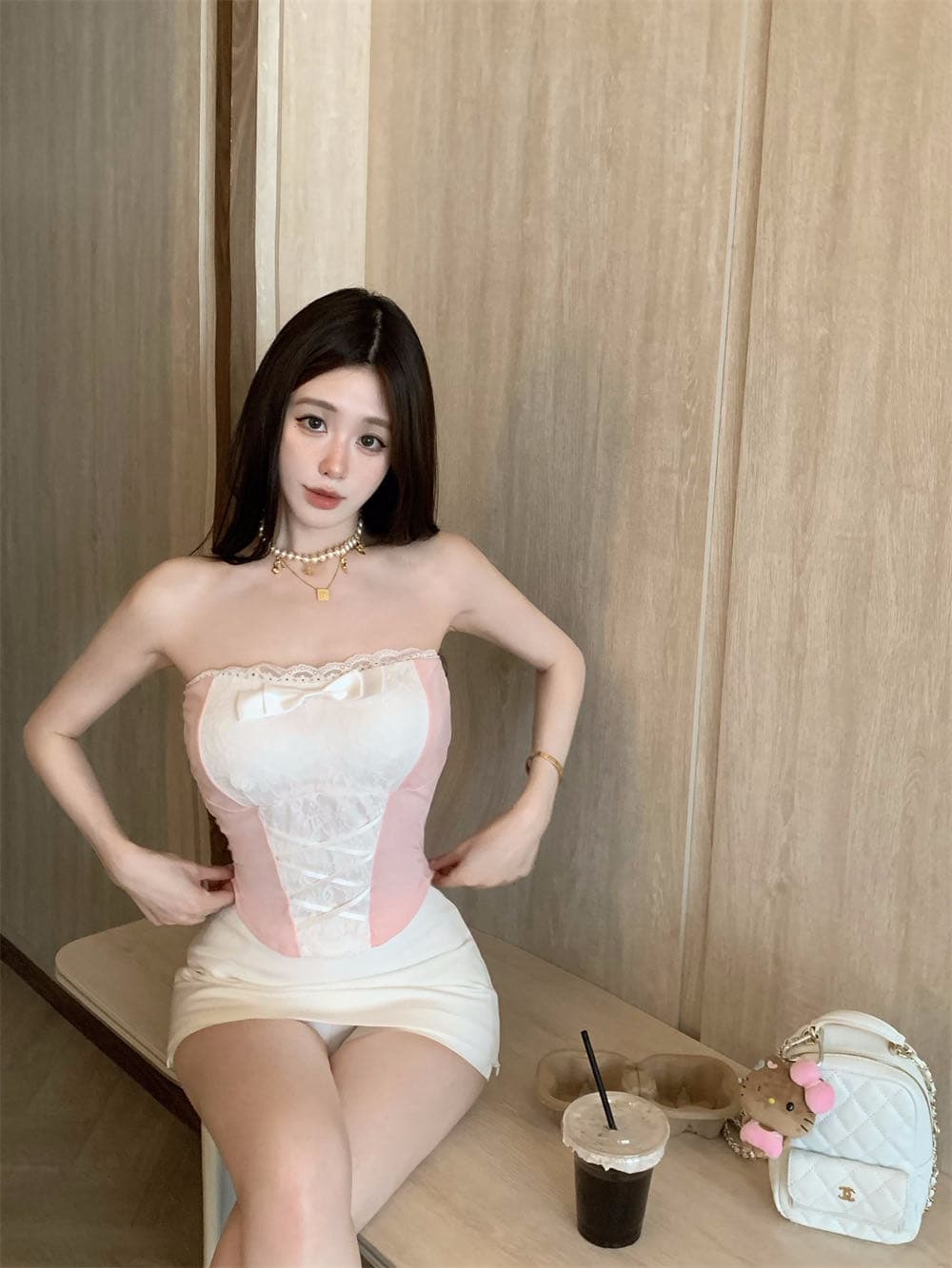레이스 튜브탑 낭만주의 허리 수축 순수한 욕망 한 단어 와이 스트랩 디자인 센스 나비 매듭 꾸밈음 맨위 상세 이미지 8