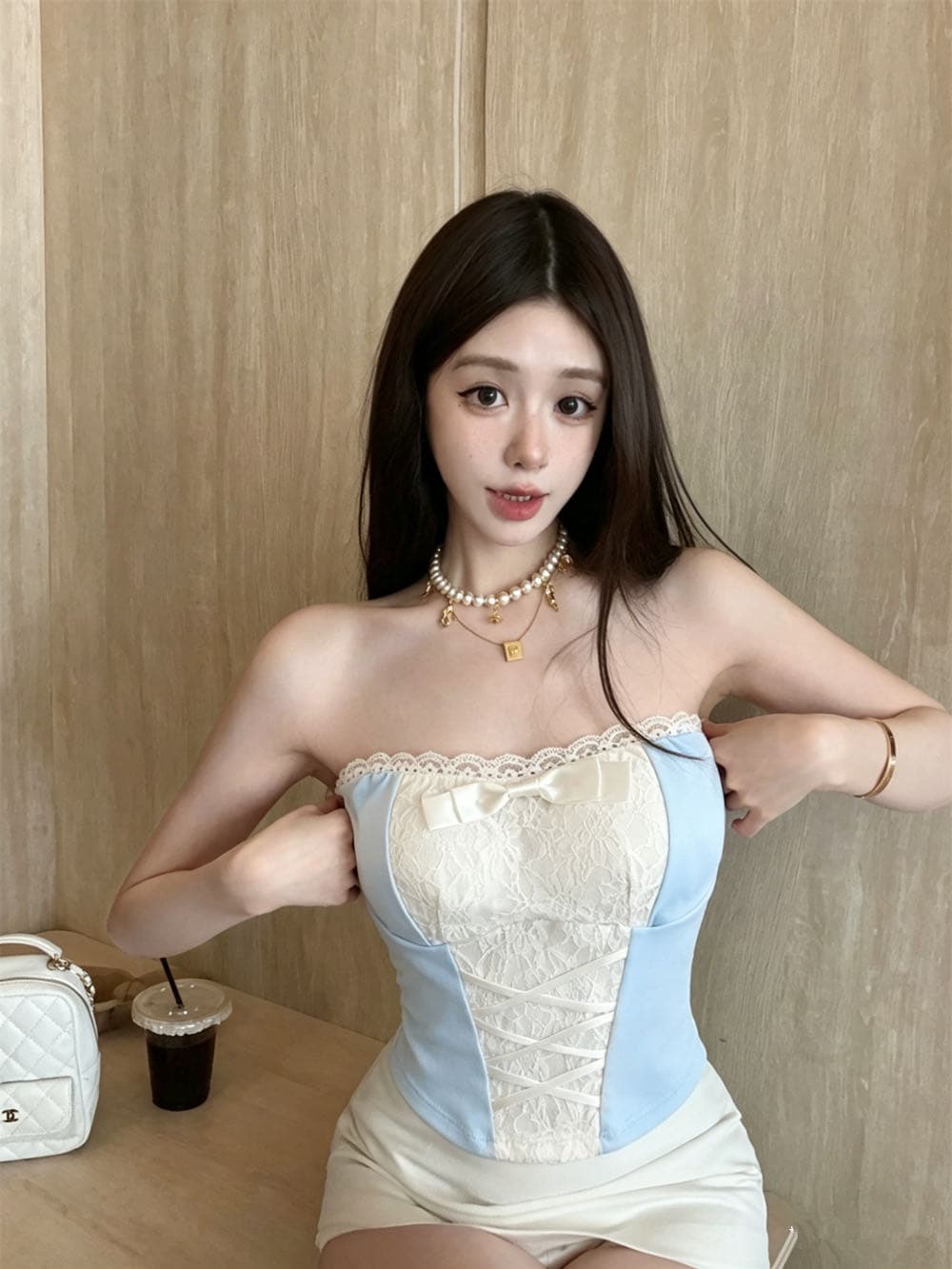 레이스 튜브탑 낭만주의 허리 수축 순수한 욕망 한 단어 와이 스트랩 디자인 센스 나비 매듭 꾸밈음 맨위 상세 이미지 20