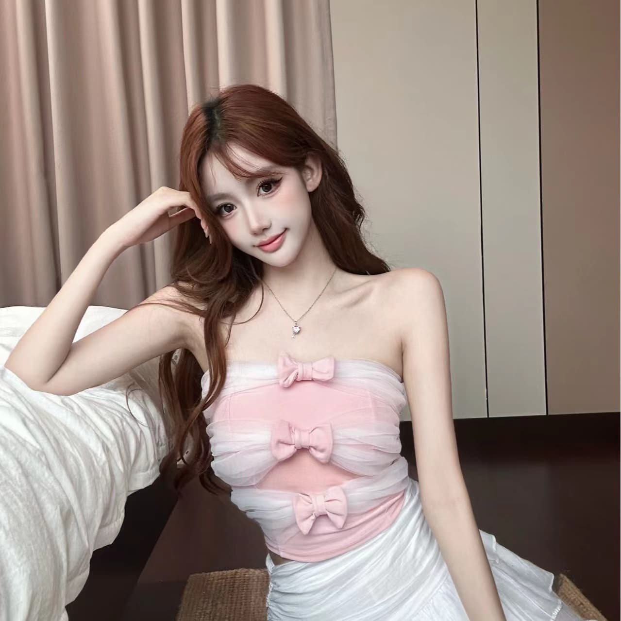 레이스 튜브탑 낭만주의 허리 수축 순수한 욕망 한 단어 와이 패치워크 디자인 센스 나비 매듭 꾸밈음 벨트 가슴 패드 의류 상세 이미지 4