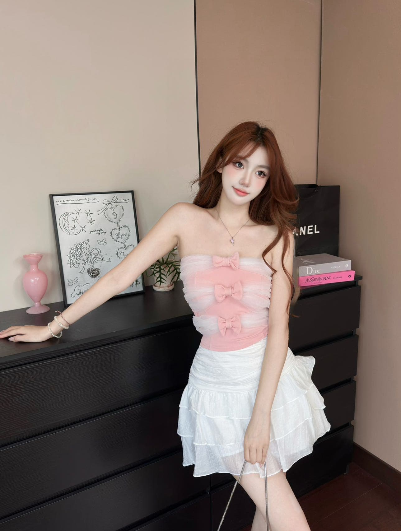 레이스 튜브탑 낭만주의 허리 수축 순수한 욕망 한 단어 와이 패치워크 디자인 센스 나비 매듭 꾸밈음 벨트 가슴 패드 의류 상세 이미지 8