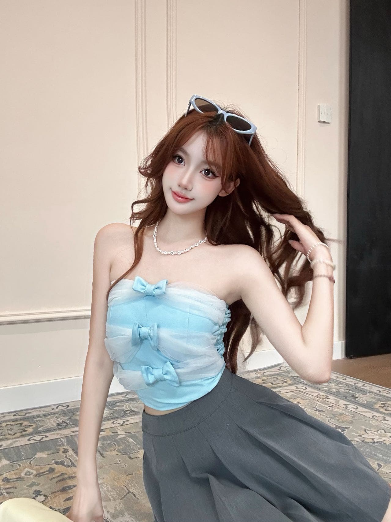 레이스 튜브탑 낭만주의 허리 수축 순수한 욕망 한 단어 와이 패치워크 디자인 센스 나비 매듭 꾸밈음 벨트 가슴 패드 의류 상세 이미지 19