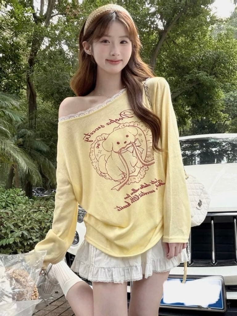 한 부서 화이트 만화 프린트 비스듬한 어깨 긴팔 라이 경기 서울 티셔츠 맨위 봄 여름 루즈핏 얇은 스타일 마이크로 ~을 통해 자외선 차단 표지 상세 이미지 5