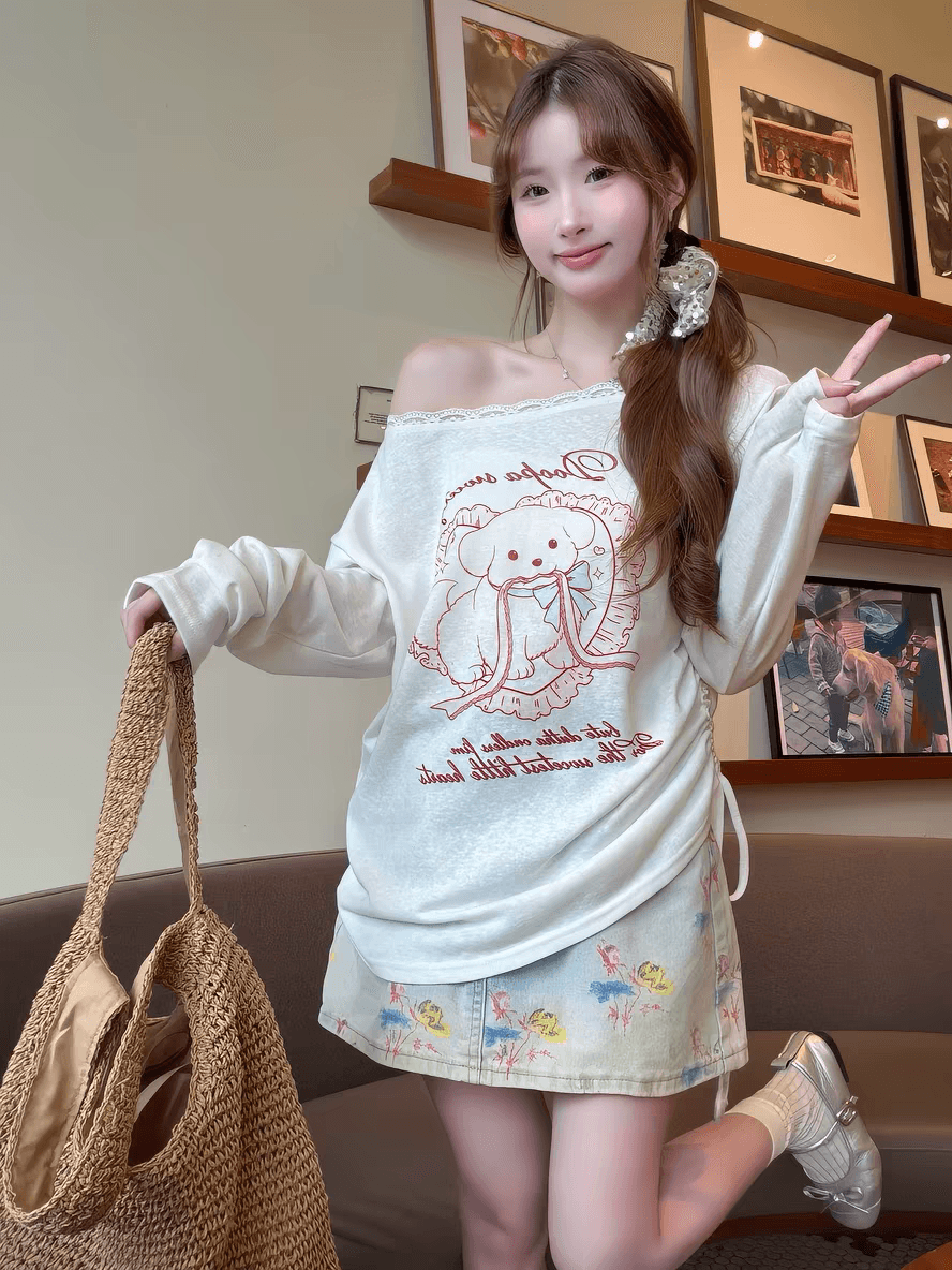 한 부서 화이트 만화 프린트 비스듬한 어깨 긴팔 라이 경기 서울 티셔츠 맨위 봄 여름 루즈핏 얇은 스타일 마이크로 ~을 통해 자외선 차단 표지 상세 이미지 7