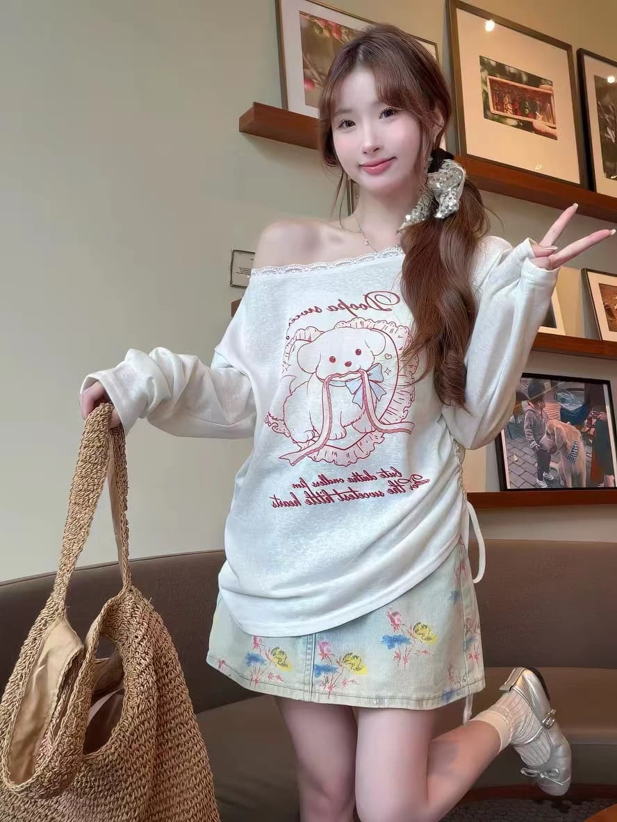 한 부서 화이트 만화 프린트 비스듬한 어깨 긴팔 라이 경기 서울 티셔츠 맨위 봄 여름 루즈핏 얇은 스타일 마이크로 ~을 통해 자외선 차단 표지 상세 이미지 9
