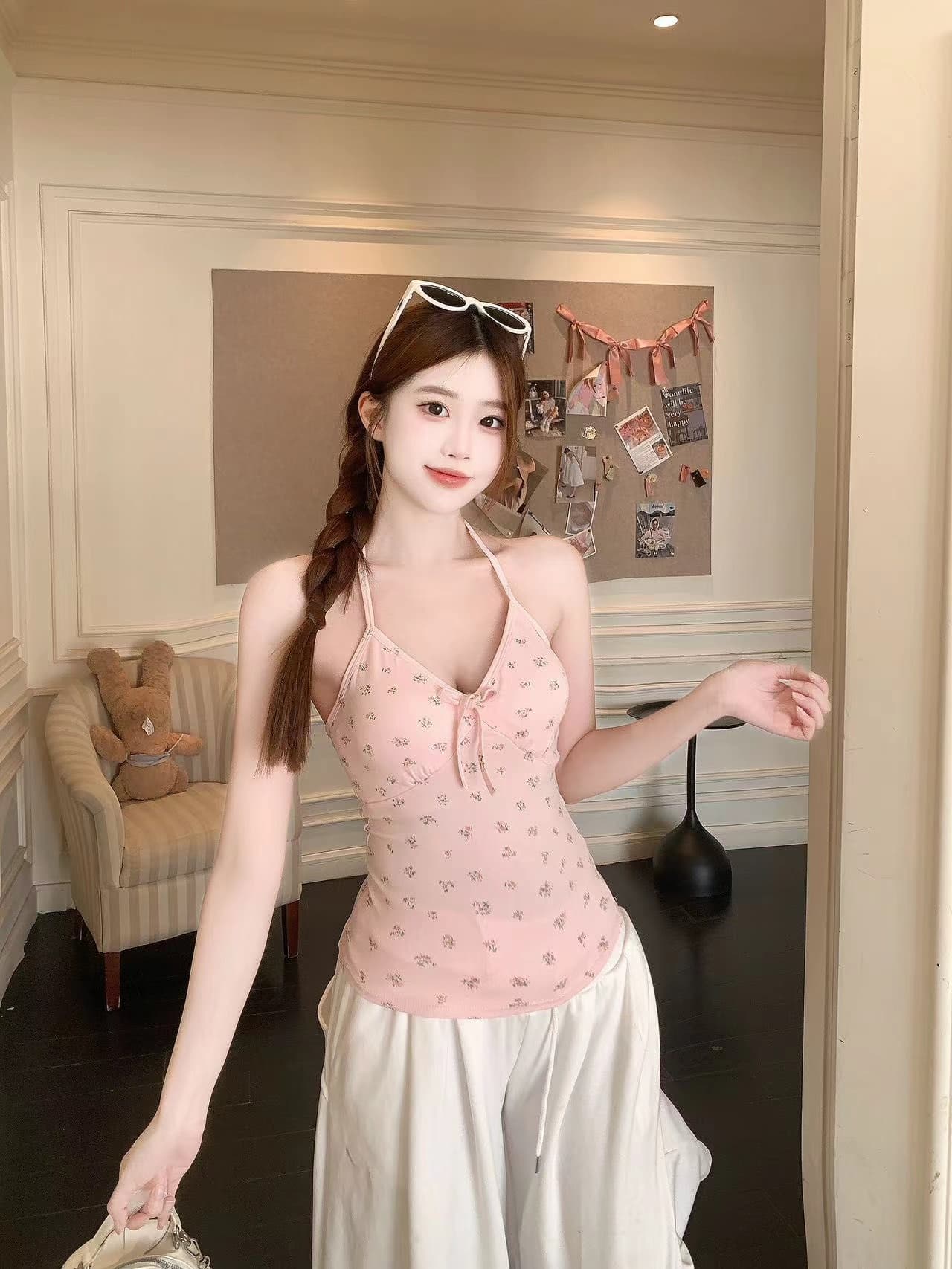 벨트 가슴 패드 miu 부서 작은 꽃무늬 행침 목 V넥 캐미솔 여름 아름다움 뒤로 외출용 인사이드 잡아라. 의류 상세 이미지 3