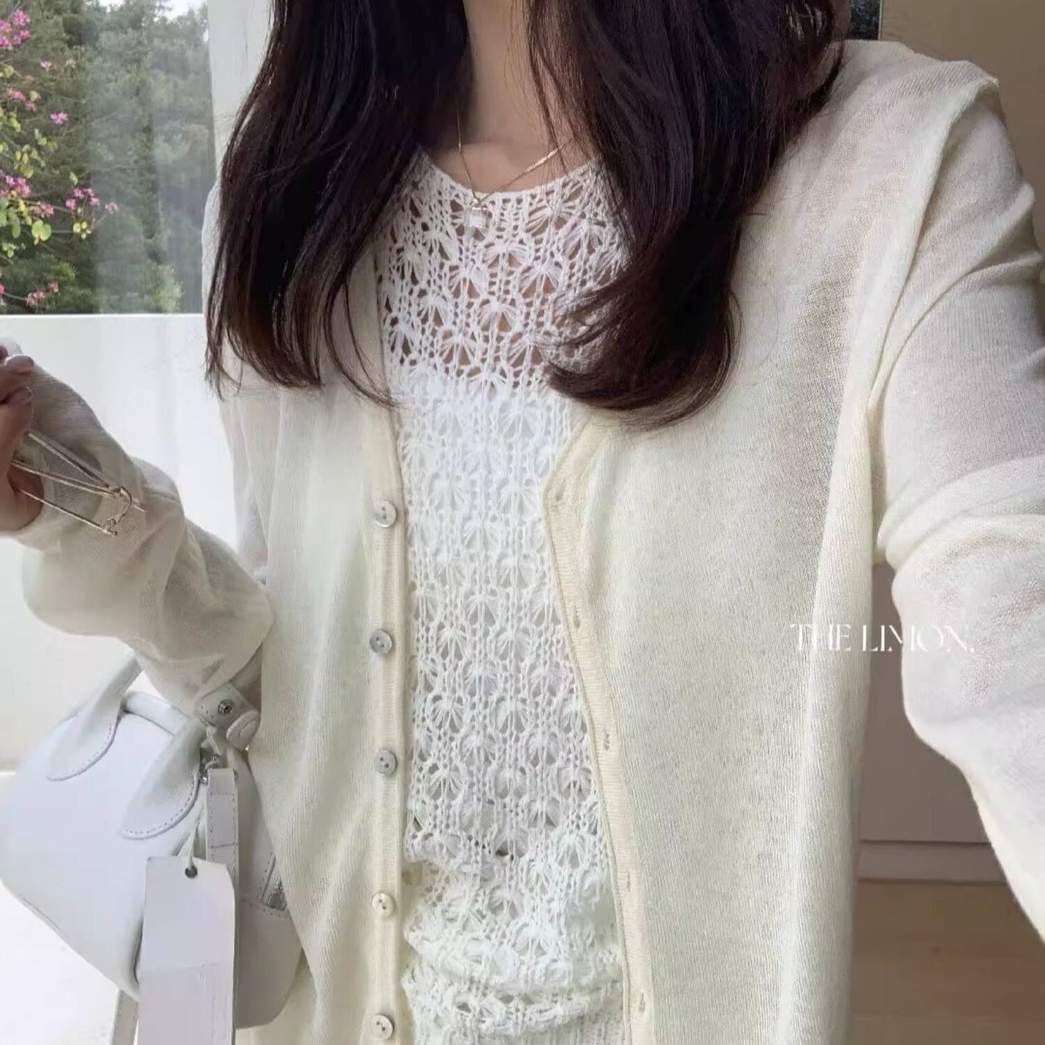 도파민 핑크색 얼음 실크 아마 V넥 니트 오픈 가디건 여성 여름 얇은 스타일 자외선 차단 블라우스 슬립 외부 잡아라. 의류 이미지 5