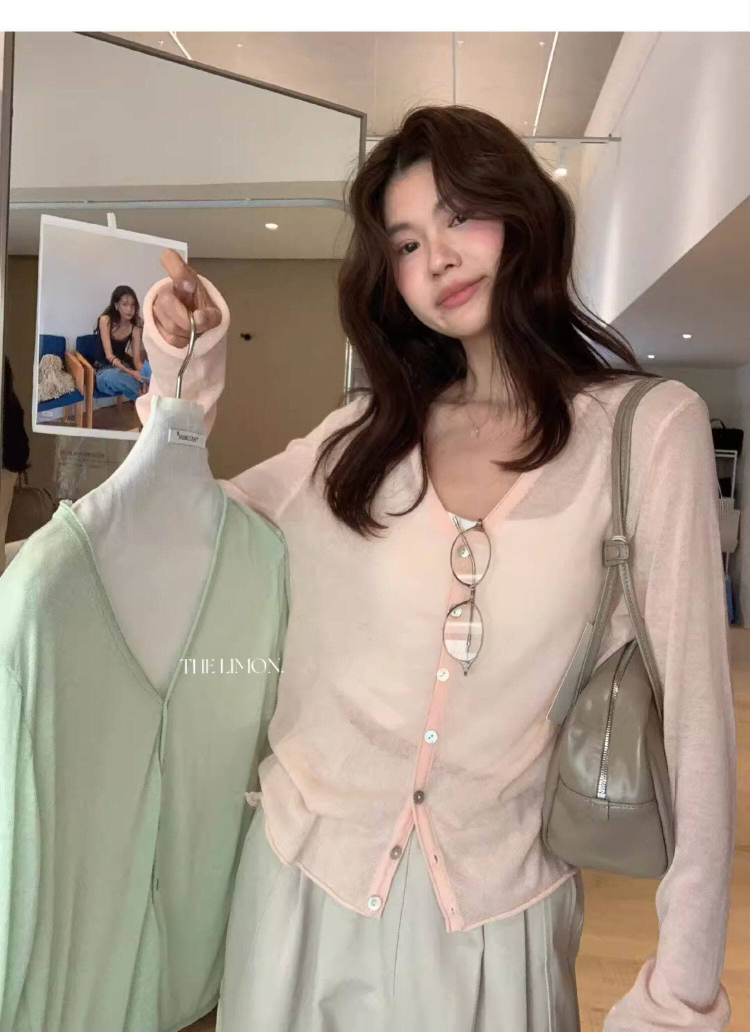 도파민 핑크색 얼음 실크 아마 V넥 니트 오픈 가디건 여성 여름 얇은 스타일 자외선 차단 블라우스 슬립 외부 잡아라. 의류 상세 이미지 9
