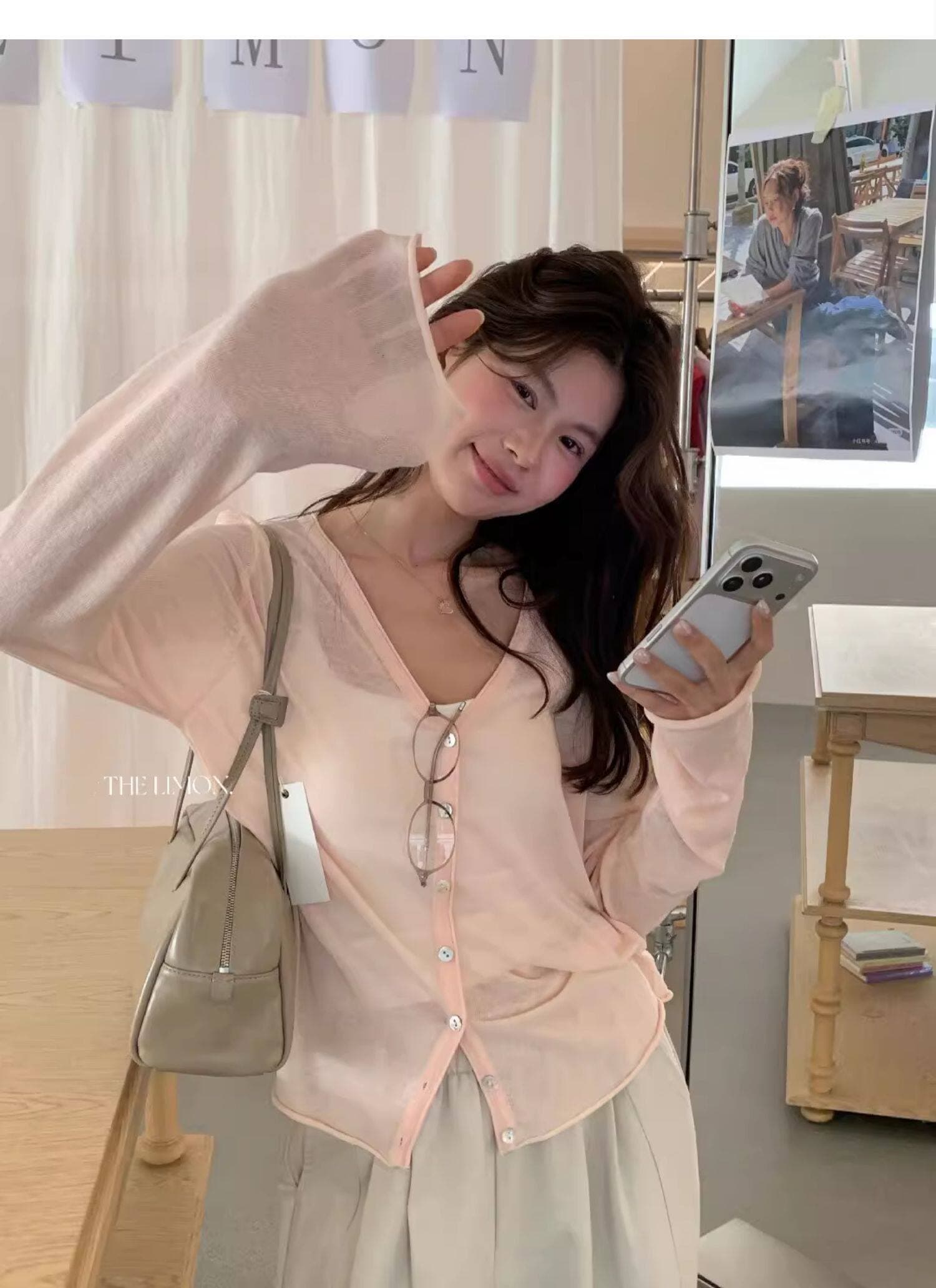 도파민 핑크색 얼음 실크 아마 V넥 니트 오픈 가디건 여성 여름 얇은 스타일 자외선 차단 블라우스 슬립 외부 잡아라. 의류 상세 이미지 13