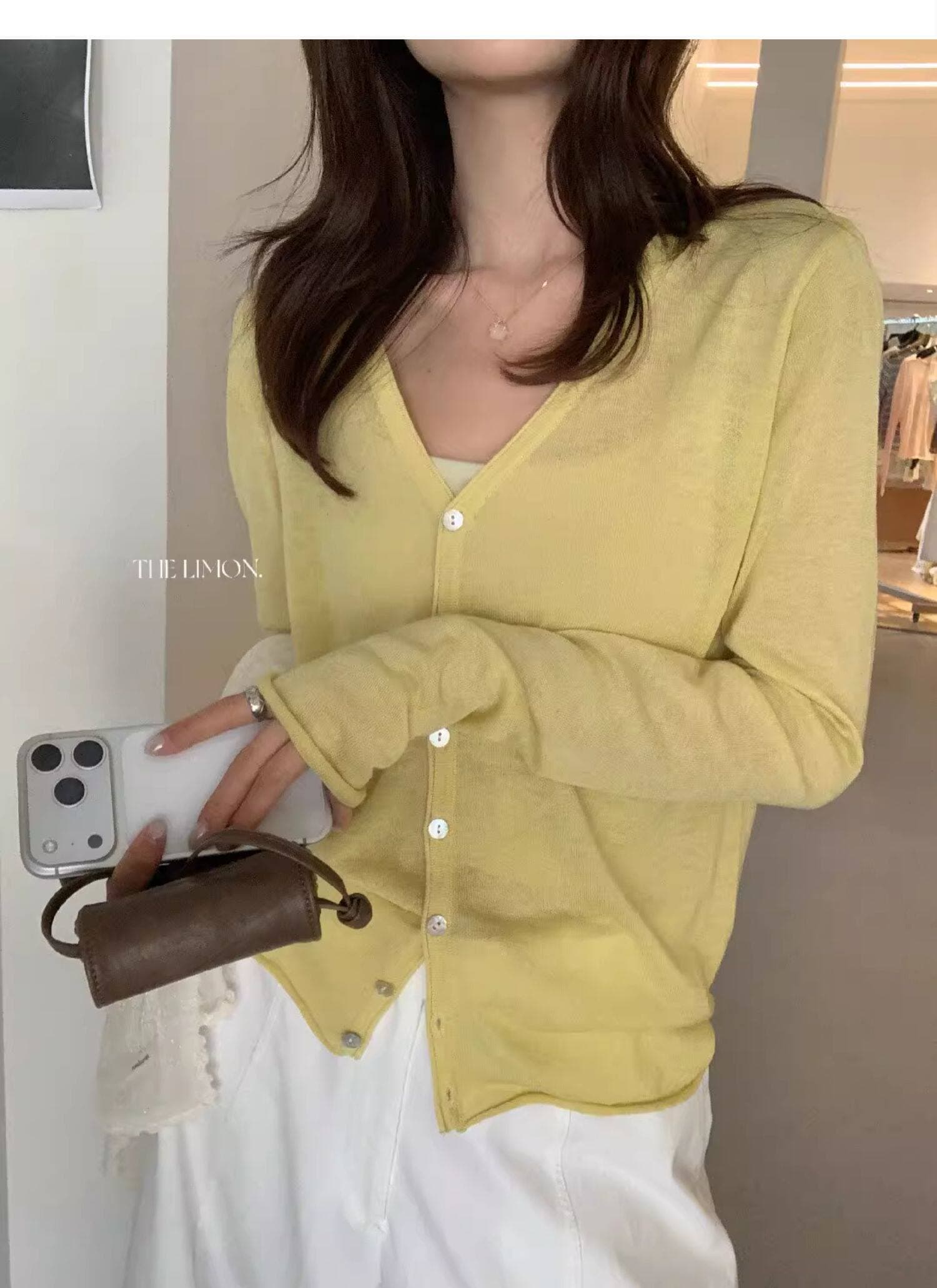 도파민 핑크색 얼음 실크 아마 V넥 니트 오픈 가디건 여성 여름 얇은 스타일 자외선 차단 블라우스 슬립 외부 잡아라. 의류 상세 이미지 16