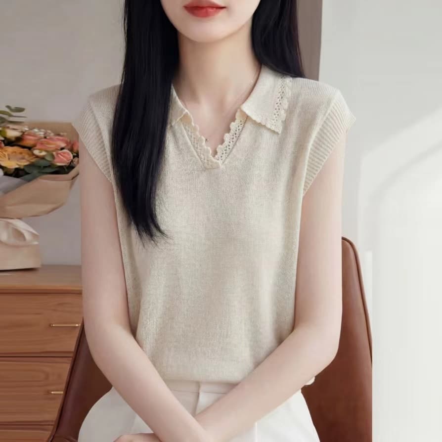 캐주얼 바람 폴로 칼라 얼음 마 니트 작은 날다 소매 티셔츠 여성 여름 얇은 루즈핏 레이스 다용도 반팔 티셔츠 맨위 미니멀리즘 이미지 3