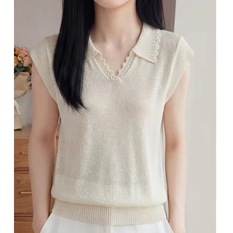 캐주얼 바람 폴로 칼라 얼음 마 니트 작은 날다 소매 티셔츠 여성 여름 얇은 루즈핏 레이스 다용도 반팔 티셔츠 맨위 미니멀리즘