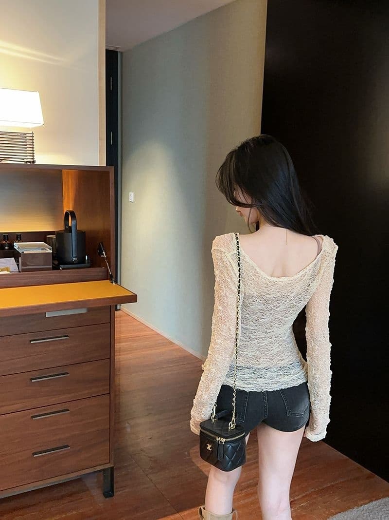섹시함 달콤한 핫걸 도루 접기 칼라 레이스 자외선 차단 블라우스 얇은 맨위 디자인 센스 작은 대중 몸매 가꾸기 긴팔 상세 이미지 21