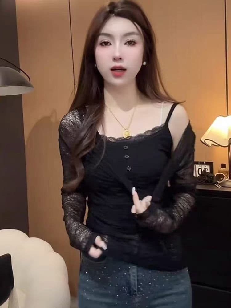 섹시함 달콤한 핫걸 도루 접기 칼라 레이스 자외선 차단 블라우스 얇은 맨위 디자인 센스 작은 대중 몸매 가꾸기 긴팔 상세 이미지 22