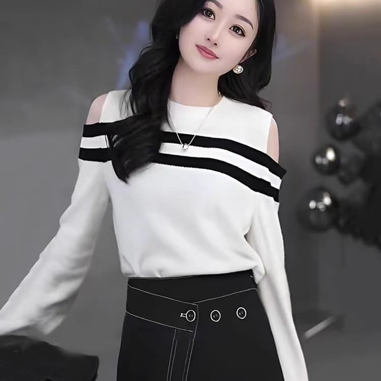 배색 라운드 넥 오프숄더 긴팔 니트 스웨터 여성 2026 새로운 이른 봄 루즈핏 작은 키 자외선 차단 블라우스 맨위 여성 상세 이미지 12