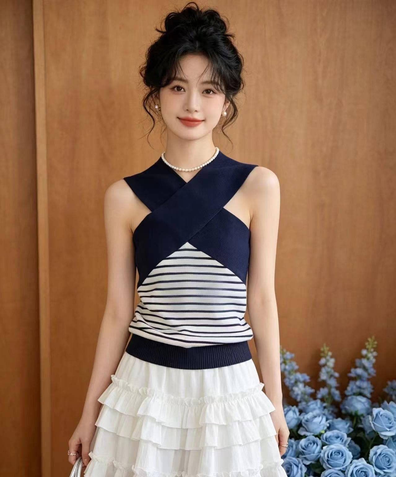 행침 목 십자가 벨트 스트라이프 니트 조끼 여성 여름 새로운 한국 스타일 착용 가져 가라. 디자인 센스 핫걸 다용도 맨위