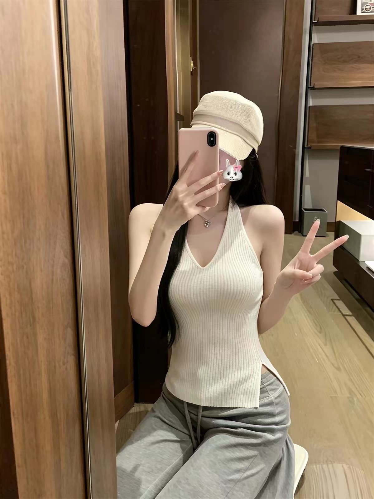 순수한 욕망 바람 파란색 행침 목 니트 캐미솔 여름 외출용 인사이드 가져 가라. 몸매 가꾸기 쇼트 스타일 민소매 백리스 맨위 이미지 2