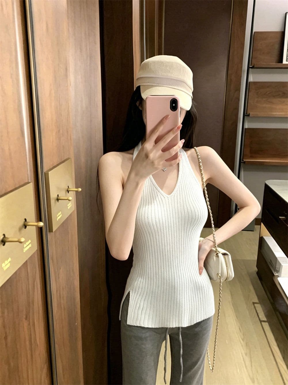 순수한 욕망 바람 파란색 행침 목 니트 캐미솔 여름 외출용 인사이드 가져 가라. 몸매 가꾸기 쇼트 스타일 민소매 백리스 맨위 상세 이미지 4