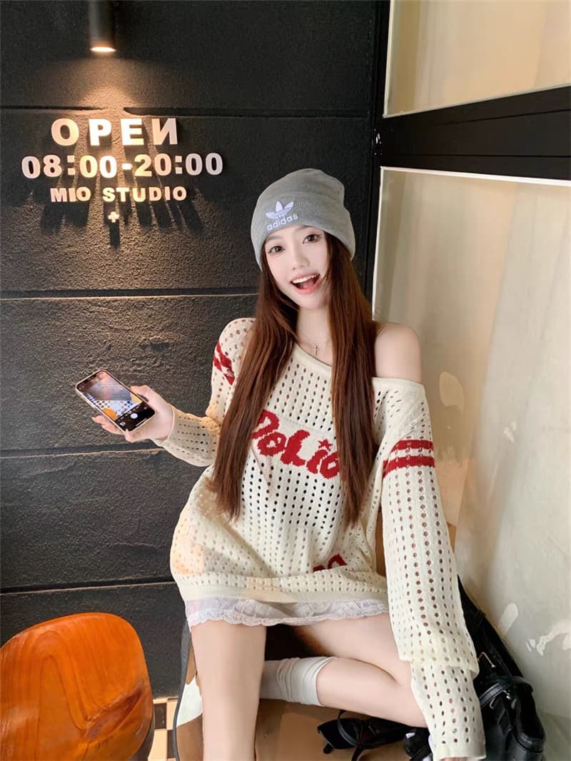 한국 동대문 레트로 홀로우 아웃 비스듬한 어깨 긴팔 소매 티셔츠 여성 조기 가을 새로운 핫걸 바람 루즈핏 슬림해 보이는 바늘 상세 이미지 13
