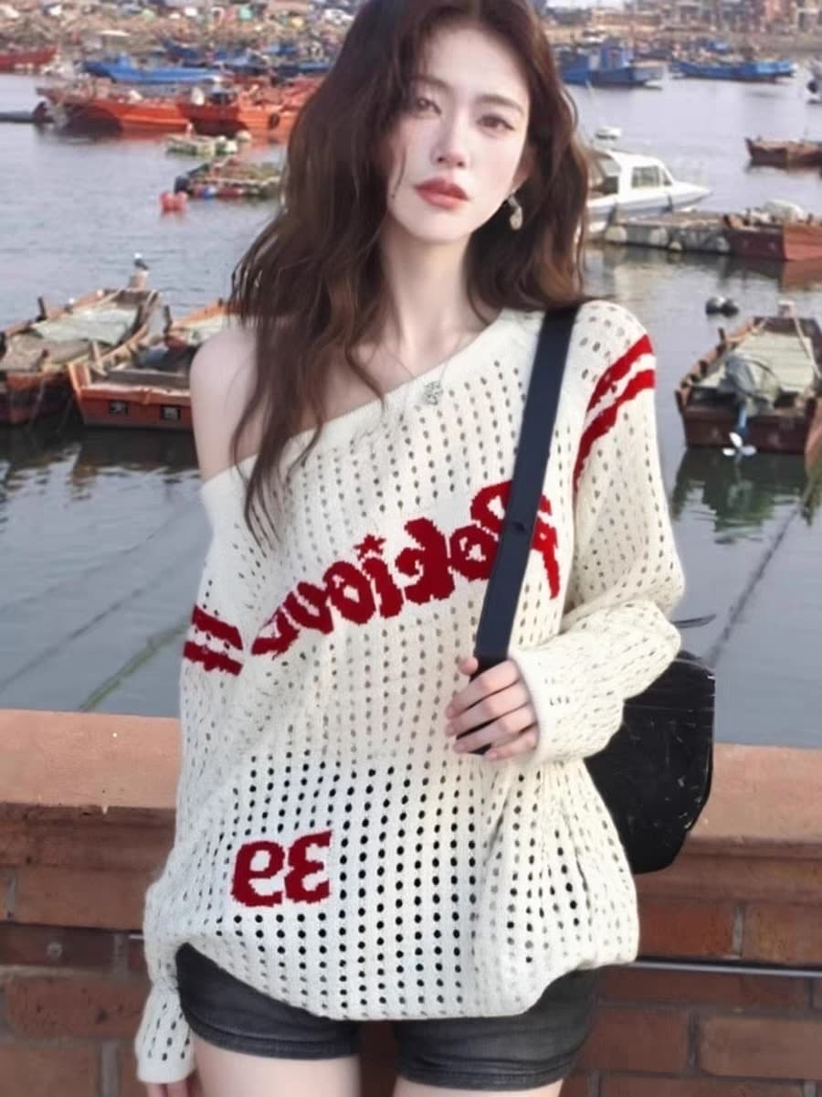 한국 동대문 레트로 홀로우 아웃 비스듬한 어깨 긴팔 소매 티셔츠 여성 조기 가을 새로운 핫걸 바람 루즈핏 슬림해 보이는 바늘 상세 이미지 14