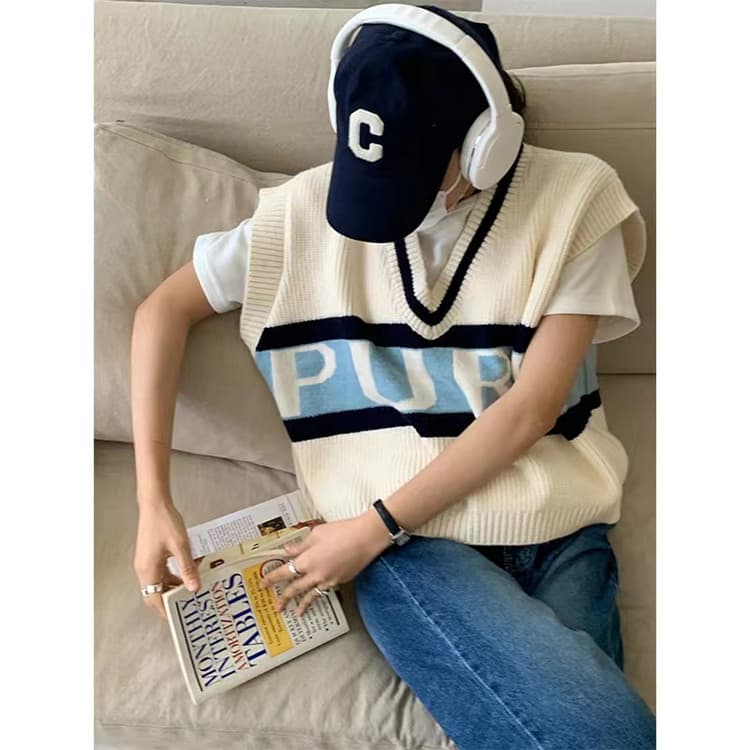 이른 가을 한국 동대문 배색 품격 슬림해 보이는 연령 감소 다용도 한국 스타일 알파벳 V넥 루즈핏 스웨터 조끼 여자 상세 이미지 19