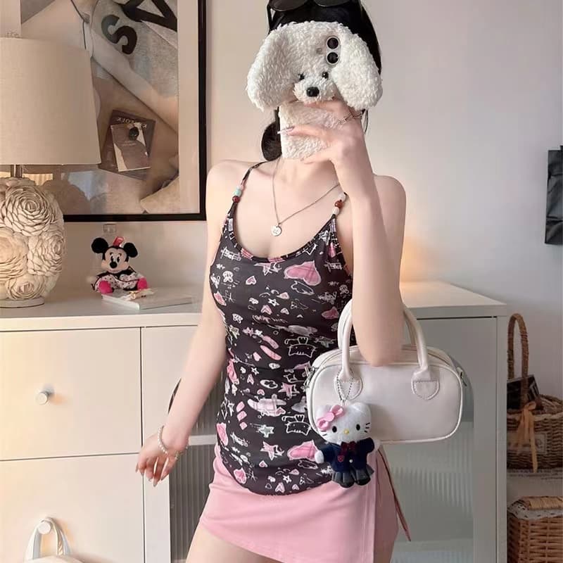 핫걸 낙서 프린트 행침 목 캐미솔 여름 새로운 귀여운 쇼트 스타일 민소매 맨위 이미지 2