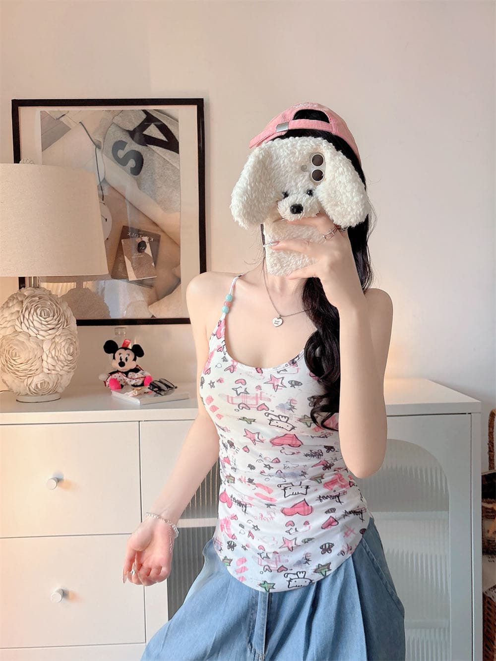 핫걸 낙서 프린트 행침 목 캐미솔 여름 새로운 귀여운 쇼트 스타일 민소매 맨위 상세 이미지 23