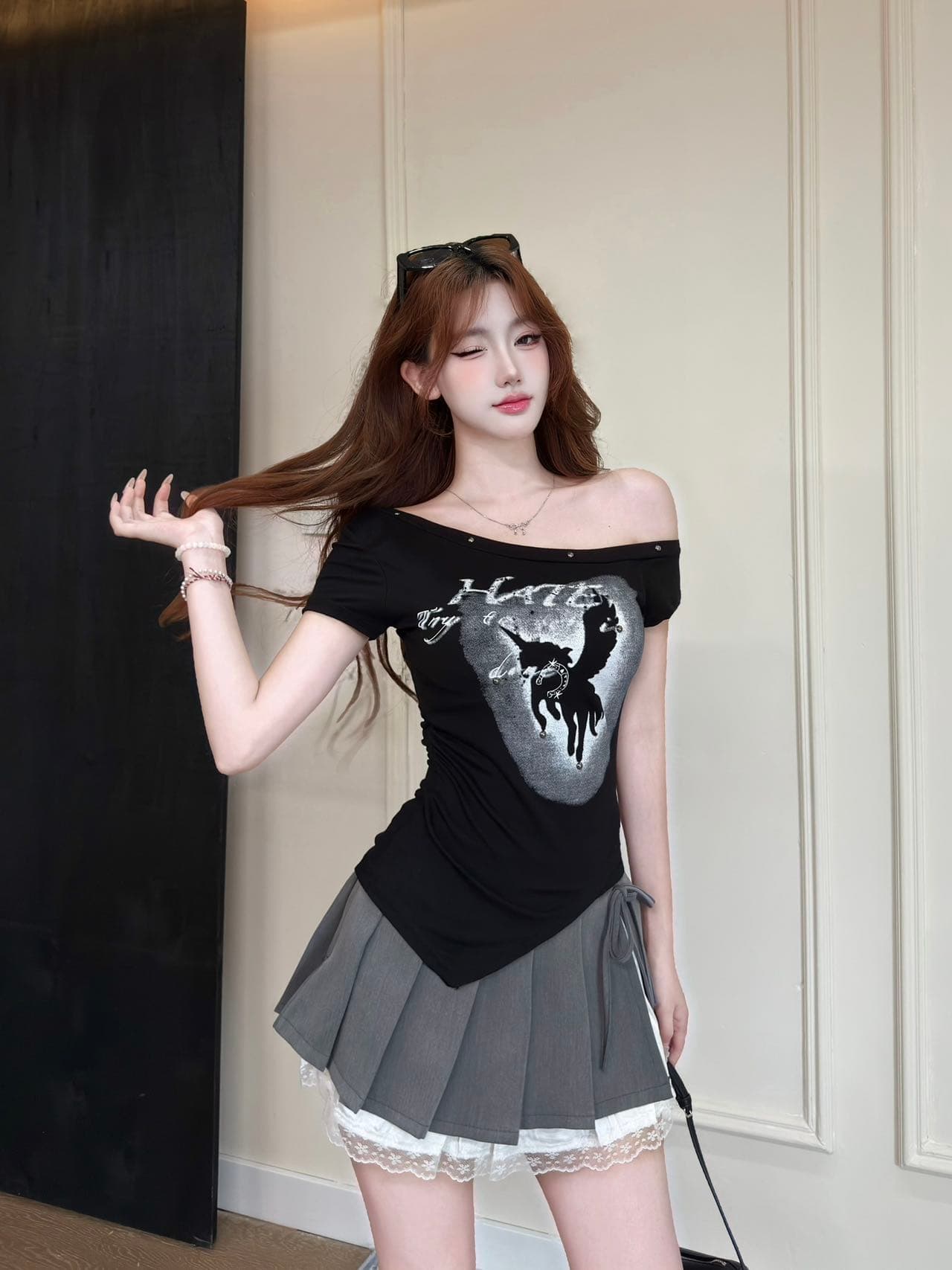 아메리칸 레트로 몸매 가꾸기 슬림해 보이는 사람들 면 프린트 비스듬한 어깨 반팔 벨트 가슴 패드 상세 이미지 9