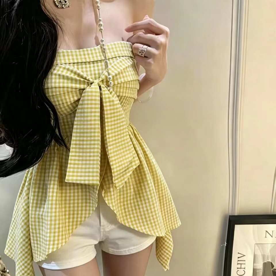 핫걸 나비 매듭 스트라이프 행침 목 튜브탑 조끼 여성 여름 디자인 센스 작은 대중 몸매 가꾸기 슬림해 보이는 외출용 맨위 상세 이미지 4