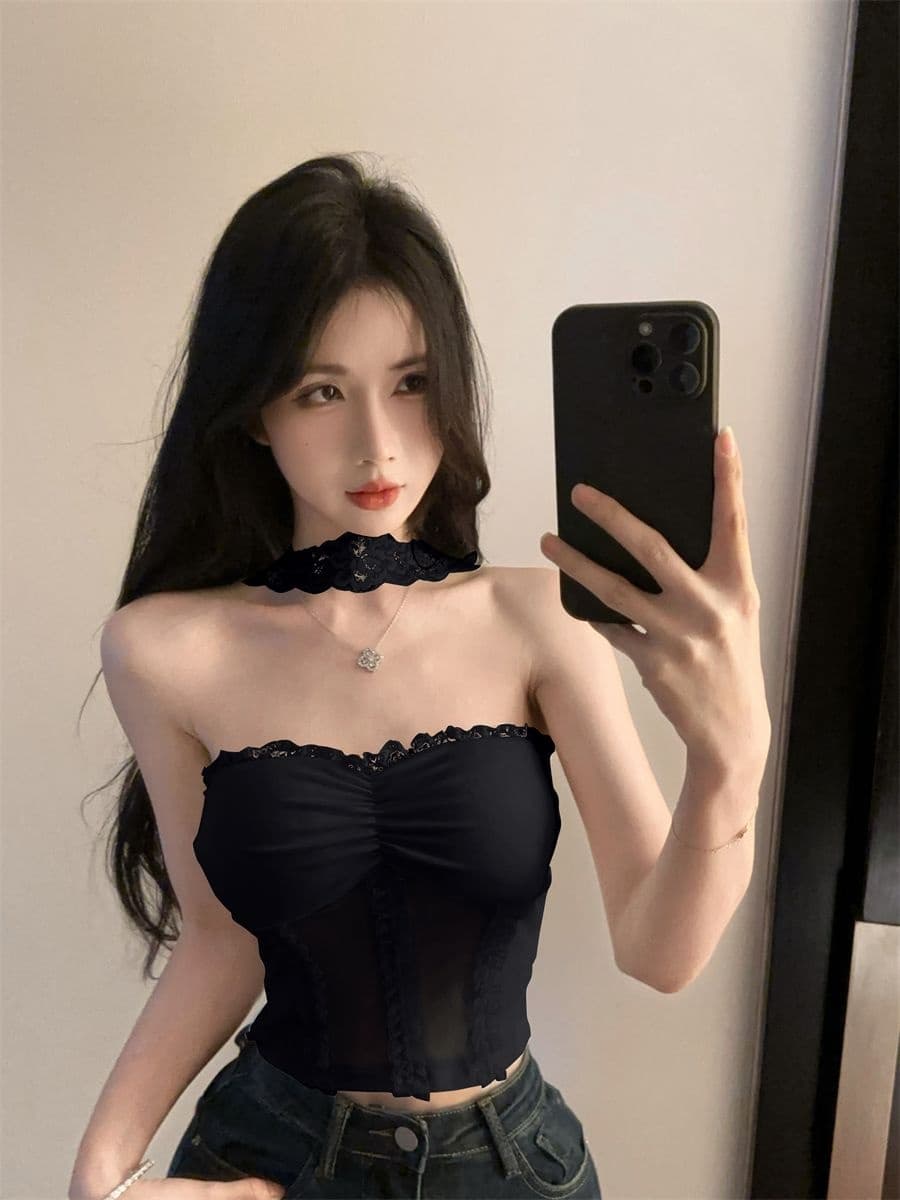 세련된 외국 가스 품격 섹시함 레이스 튜브탑 조끼 여성 여름 한국 스타일 순수한 욕망 바람 나만의 것을 가져와 라. 가슴 패드 행침 목 맨위 상세 이미지 17