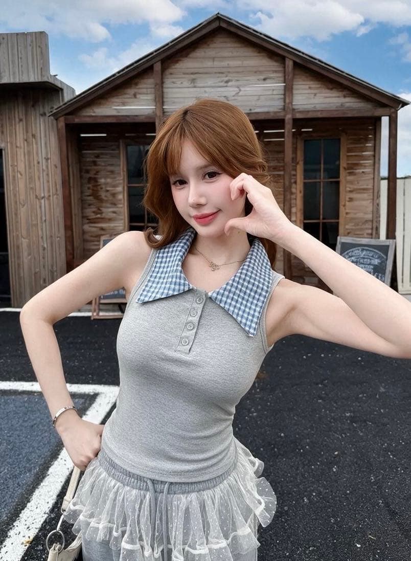 여름 상쾌 학원 스타일 분위기 센스 착용 가져 가라. 페이크 레이어드 체크무늬 폴로 칼라 민소매 조끼 상세 이미지 7