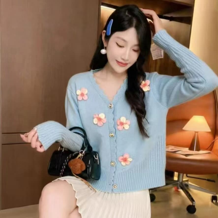 느긋한 부드러운 바람 부드러운 찹쌀 황색 스웨터 여자 조기 봄 싱글 줄 버튼 꽃 자수 니트 오픈 가디건 투피스 세트 이미지 2