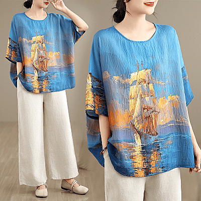 실사 여름 신제품 마 면 민족 스타일 배트윙 소매 루즈핏 빅 사이즈 라운드 넥 티셔츠 여성