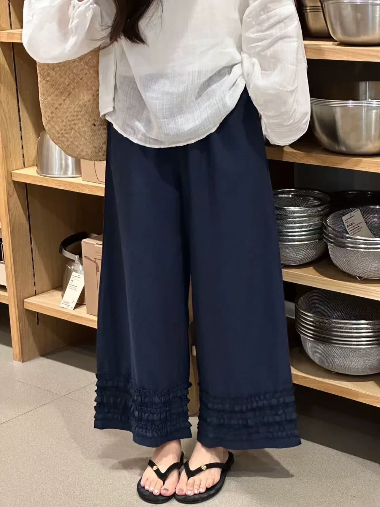 지금 신제품 여름 임산부 바지 목이버섯 레이스 아마 캐주얼 바지 루즈핏 슬림해 보이는 면 린넨 9 포인트 와이드 레그 팬츠 임산부 이미지 4