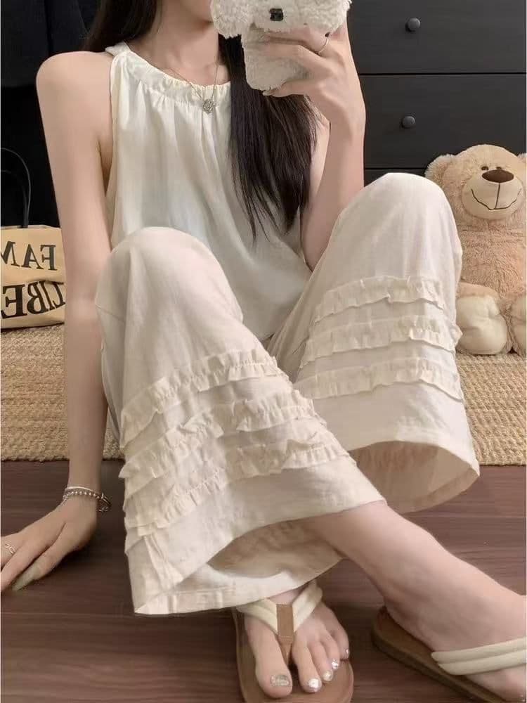 지금 신제품 여름 임산부 바지 목이버섯 레이스 아마 캐주얼 바지 루즈핏 슬림해 보이는 면 린넨 9 포인트 와이드 레그 팬츠 임산부 이미지 2