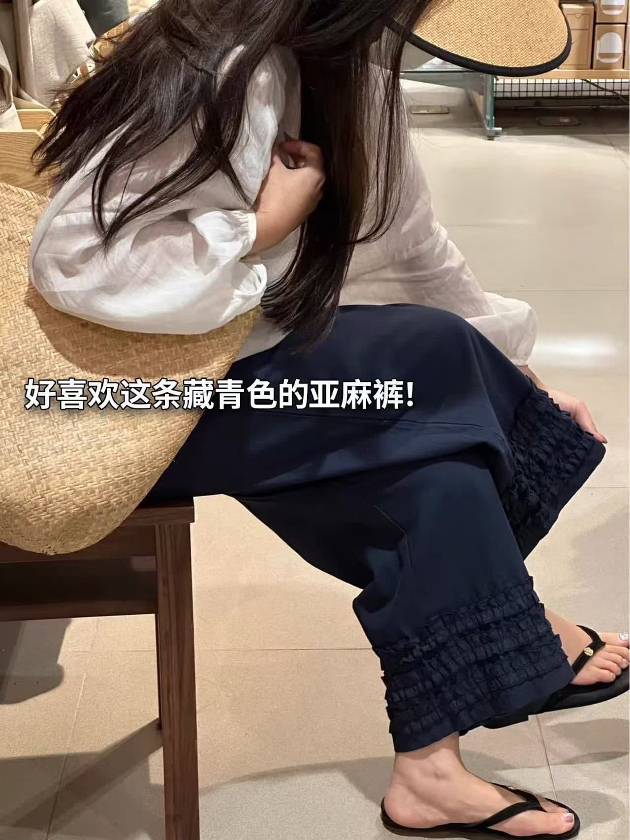 지금 신제품 여름 임산부 바지 목이버섯 레이스 아마 캐주얼 바지 루즈핏 슬림해 보이는 면 린넨 9 포인트 와이드 레그 팬츠 임산부 이미지 3