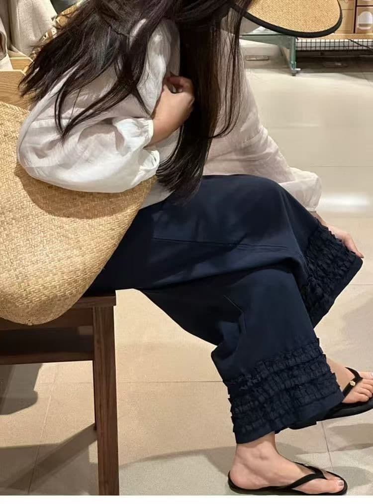 지금 신제품 여름 임산부 바지 목이버섯 레이스 아마 캐주얼 바지 루즈핏 슬림해 보이는 면 린넨 9 포인트 와이드 레그 팬츠 임산부 상세 이미지 15