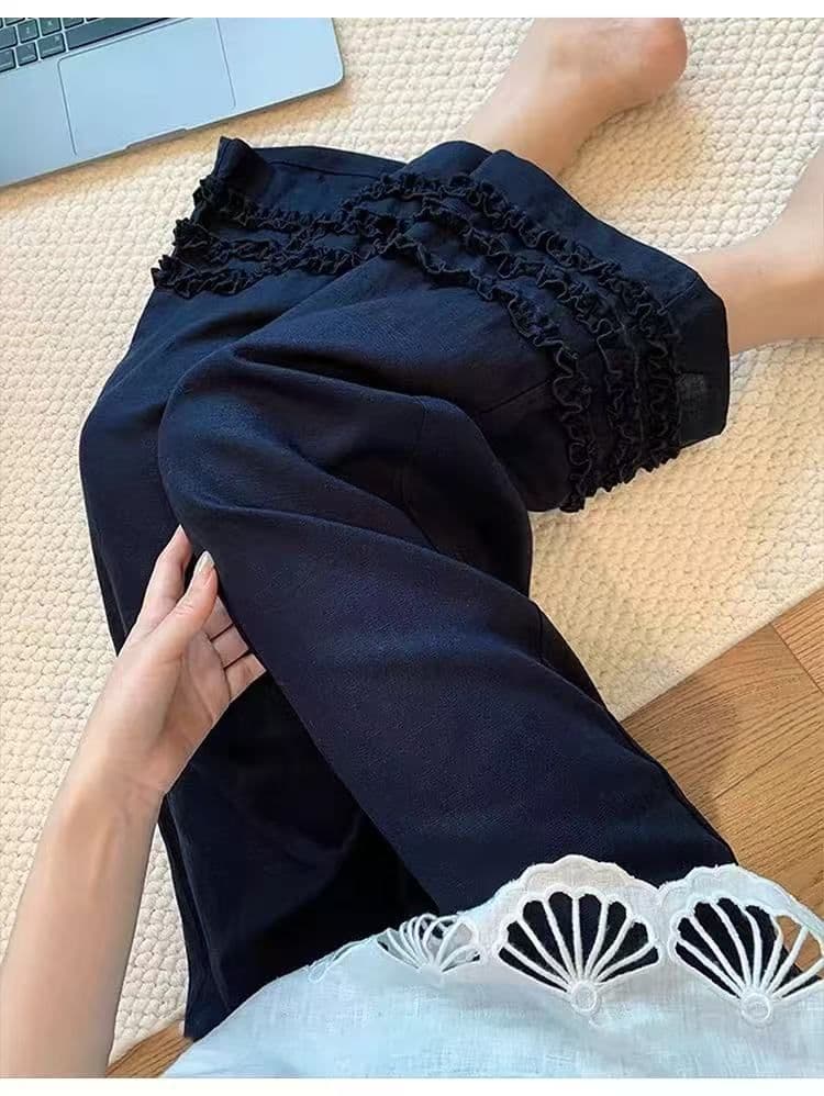지금 신제품 여름 임산부 바지 목이버섯 레이스 아마 캐주얼 바지 루즈핏 슬림해 보이는 면 린넨 9 포인트 와이드 레그 팬츠 임산부 상세 이미지 19