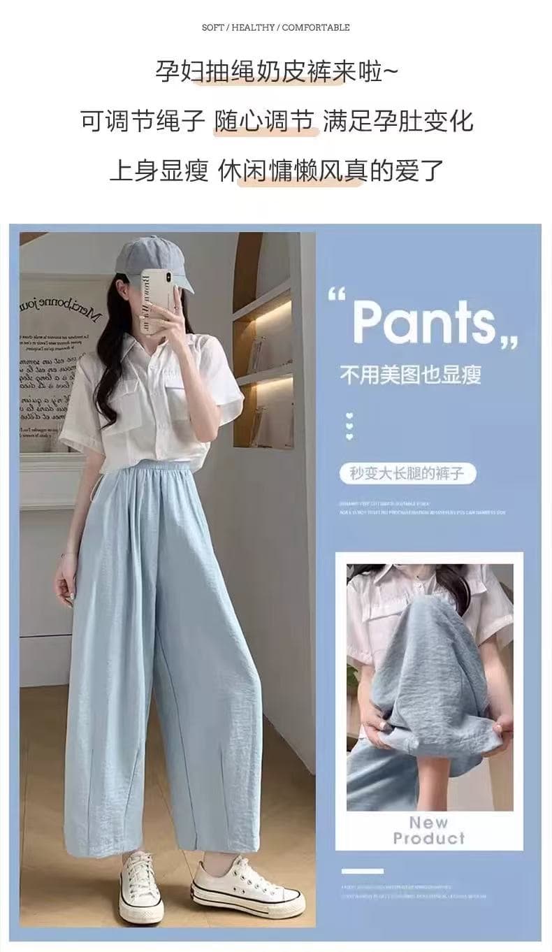 임산부 바지 여름 얇은 스타일 외출용 9 포인트 캐주얼 스트레이트 우유 푸 바지 작은 키 없음 복부 지지 얼음 실크 와이드 레그 팬츠 상세 이미지 1