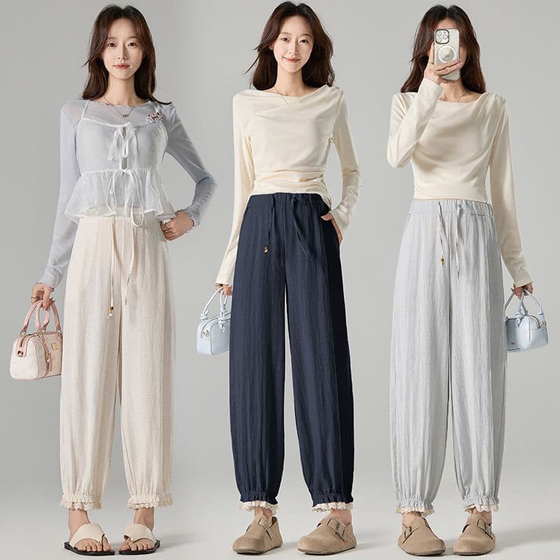 실사 레이스 배기 바지 봄 여름 새로운 임산부 바지 느긋한 할란 하이웨이스트 도루 센스 아마 캐주얼 바지 가을 이미지 3