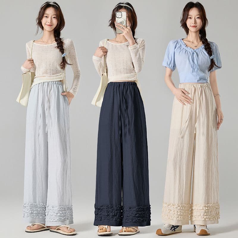 실사 봄 여름 새로운 화이트 프릴 주간 실크 아마 캐주얼 바지 임산부 가을 오래된 돈 바람 스트레이트 와이드 레그 팬츠 이미지 4