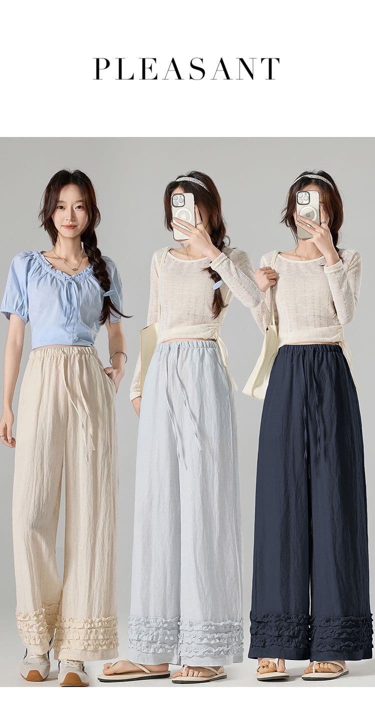 실사 봄 여름 새로운 화이트 프릴 주간 실크 아마 캐주얼 바지 임산부 가을 오래된 돈 바람 스트레이트 와이드 레그 팬츠 상세 이미지 1