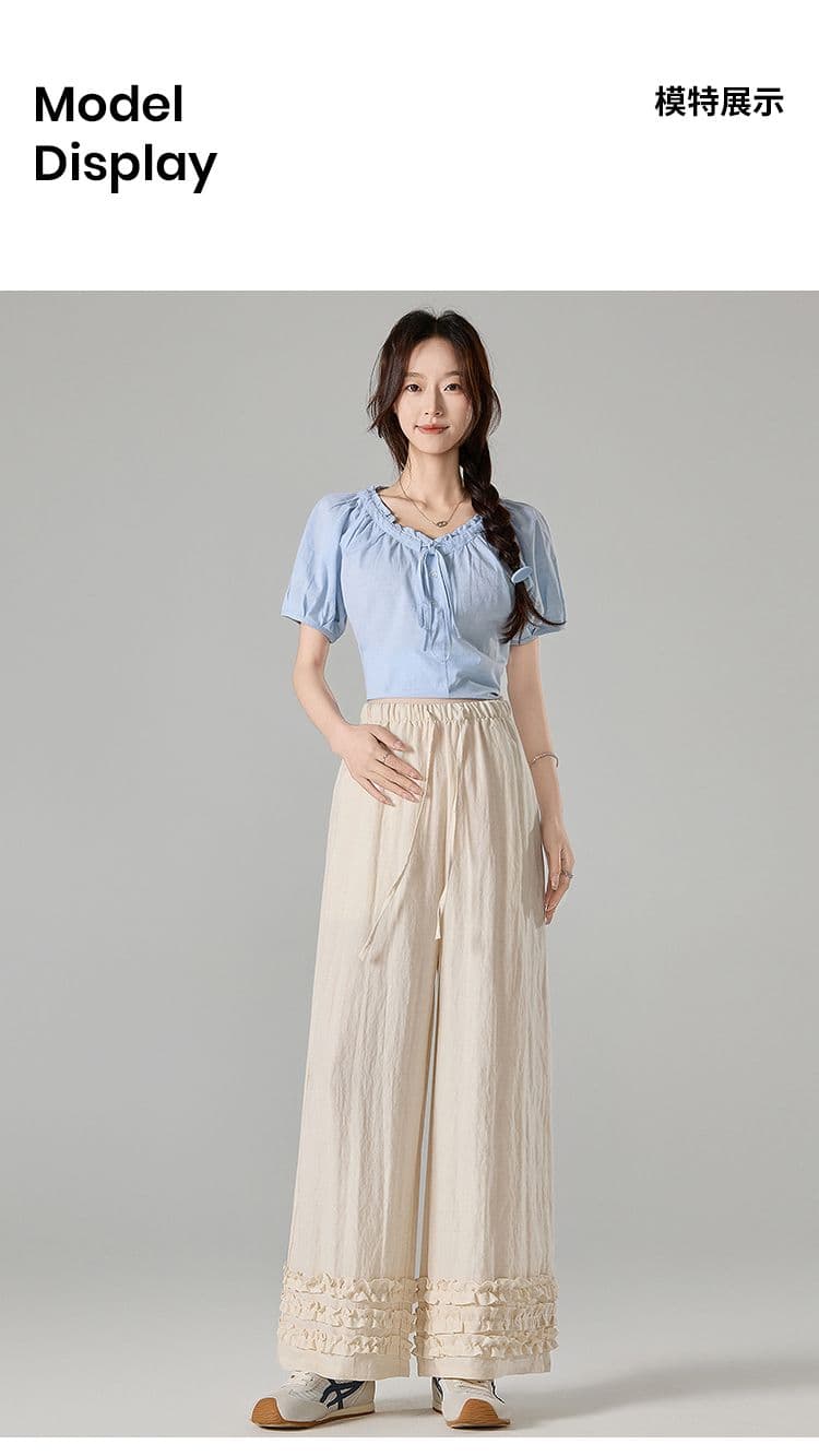 실사 봄 여름 새로운 화이트 프릴 주간 실크 아마 캐주얼 바지 임산부 가을 오래된 돈 바람 스트레이트 와이드 레그 팬츠 상세 이미지 17
