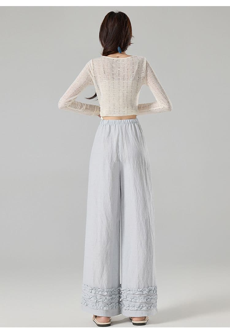 실사 봄 여름 새로운 화이트 프릴 주간 실크 아마 캐주얼 바지 임산부 가을 오래된 돈 바람 스트레이트 와이드 레그 팬츠 상세 이미지 28
